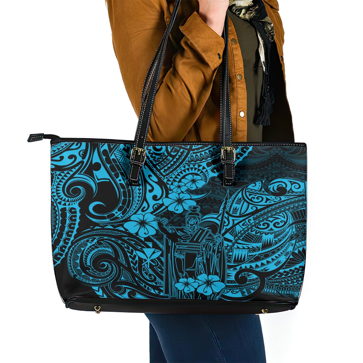 Hawaii King Kamehameha Leather Tote Bag Polynesian Pattern Sky Blue Version LT01