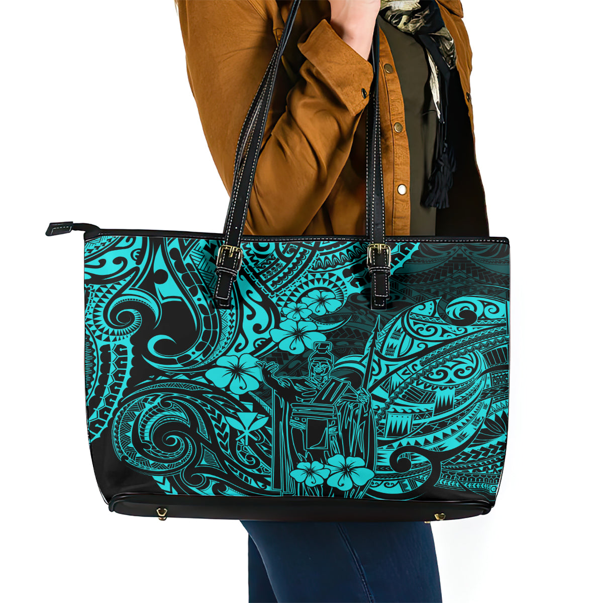 Hawaii King Kamehameha Leather Tote Bag Polynesian Pattern Turquoise Version LT01