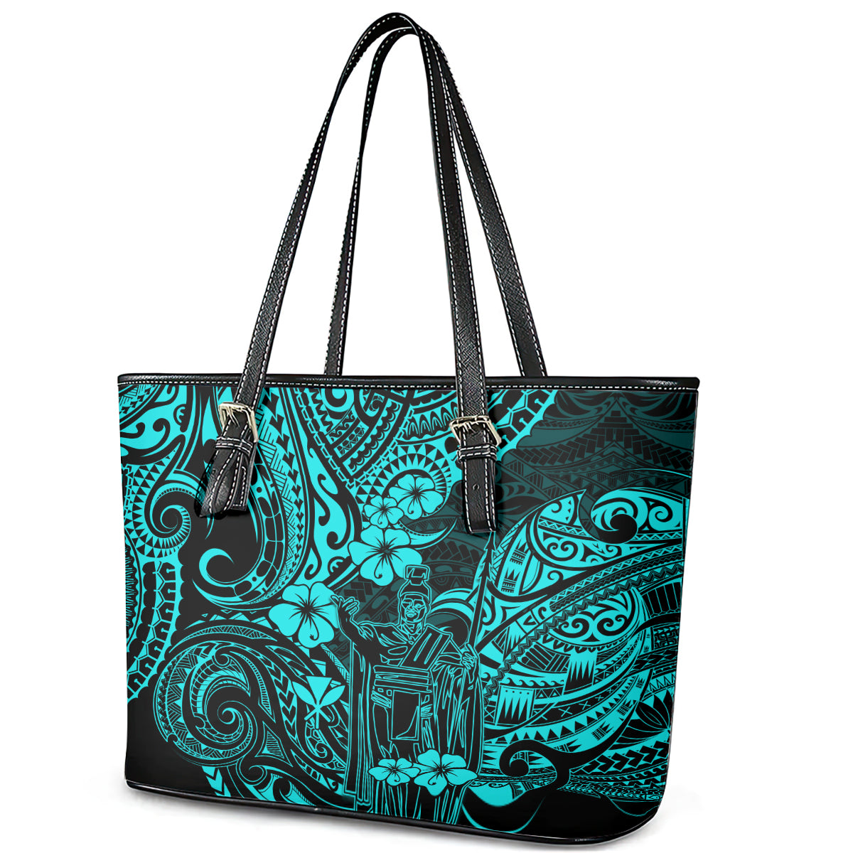 Hawaii King Kamehameha Leather Tote Bag Polynesian Pattern Turquoise Version LT01