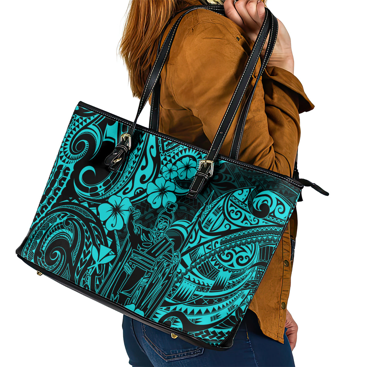 Hawaii King Kamehameha Leather Tote Bag Polynesian Pattern Turquoise Version LT01