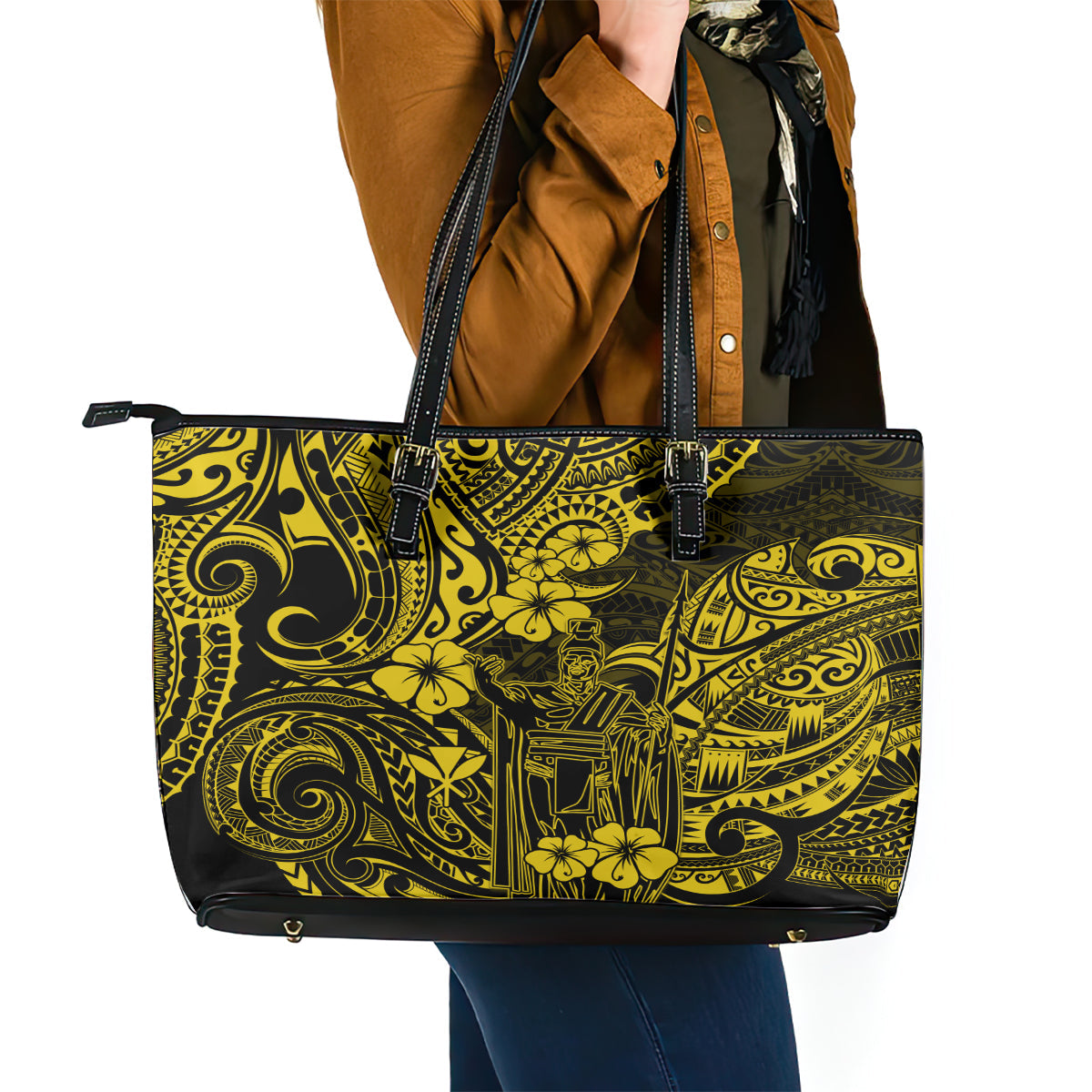 Hawaii King Kamehameha Leather Tote Bag Polynesian Pattern Yellow Version LT01