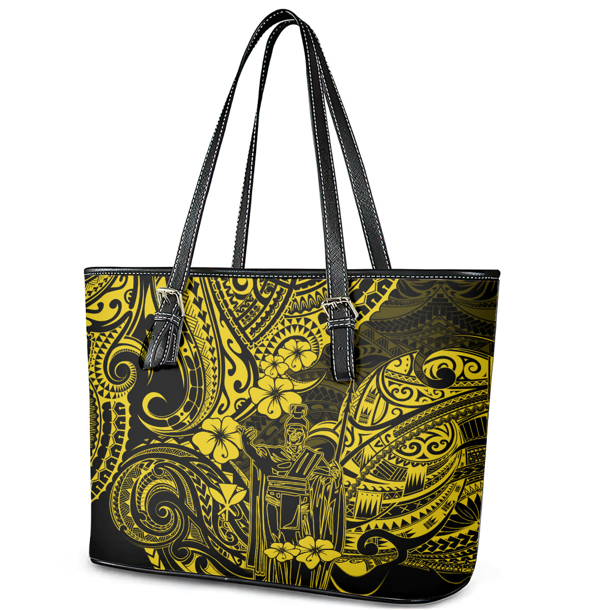 Hawaii King Kamehameha Leather Tote Bag Polynesian Pattern Yellow Version LT01