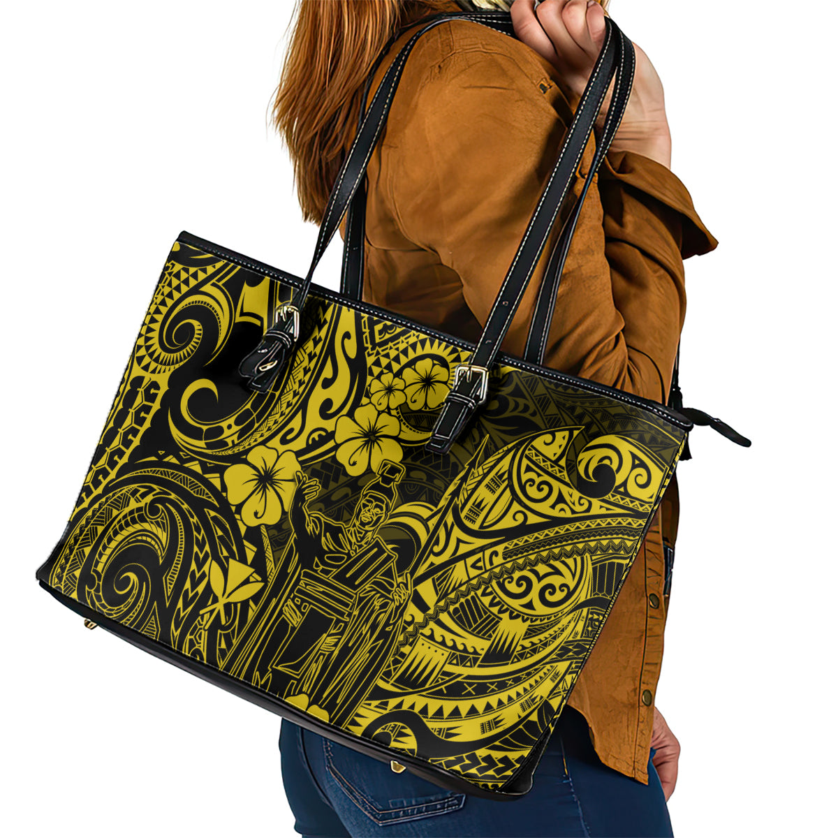 Hawaii King Kamehameha Leather Tote Bag Polynesian Pattern Yellow Version LT01