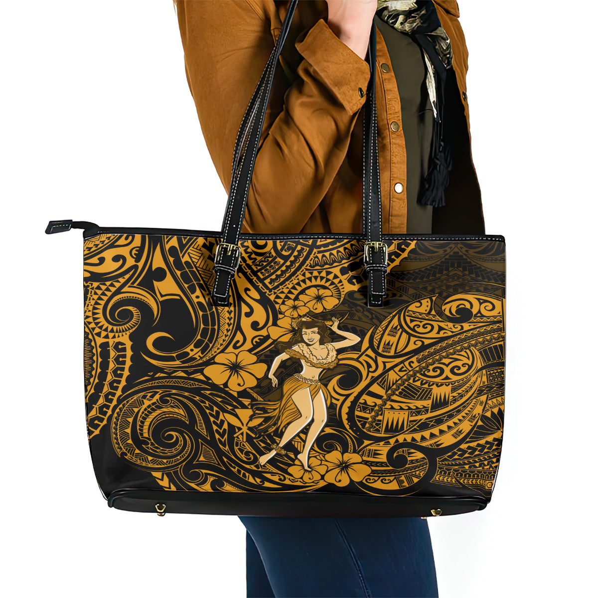 Hawaii Hula Girl Leather Tote Bag Polynesian Pattern Gold Version LT01