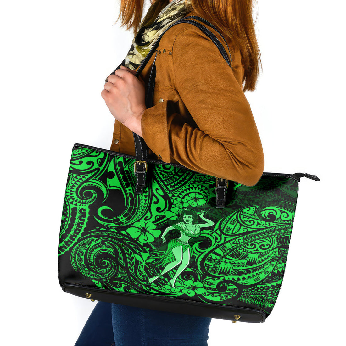 Hawaii Hula Girl Leather Tote Bag Polynesian Pattern Green Version LT01