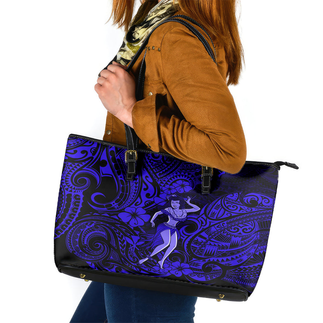 Hawaii Hula Girl Leather Tote Bag Polynesian Pattern Navy Blue Version LT01
