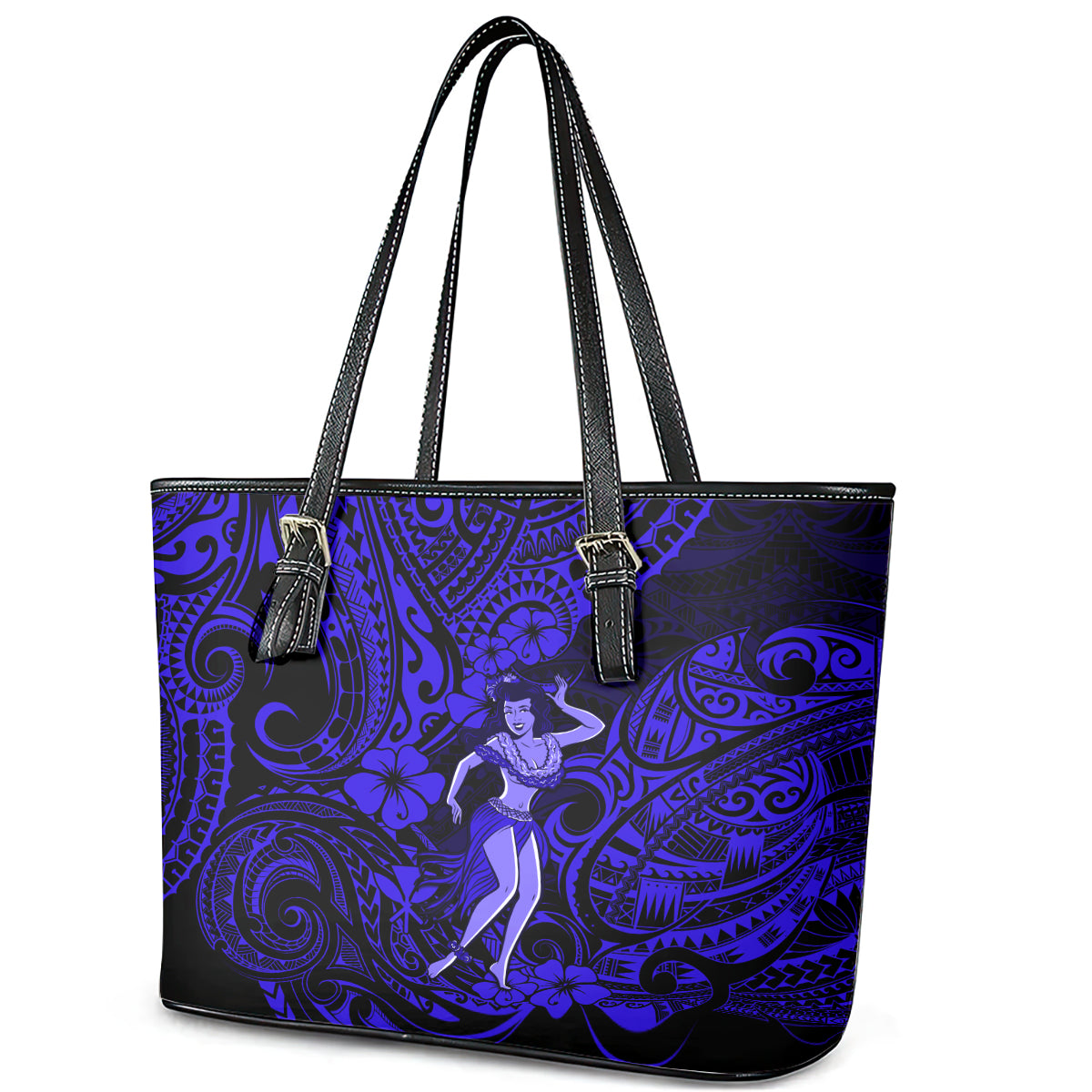 Hawaii Hula Girl Leather Tote Bag Polynesian Pattern Navy Blue Version LT01