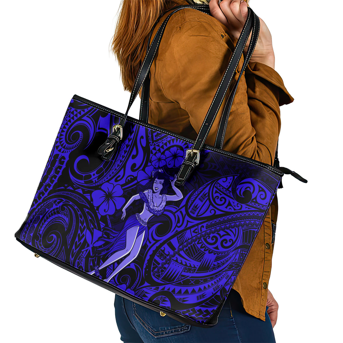 Hawaii Hula Girl Leather Tote Bag Polynesian Pattern Navy Blue Version LT01