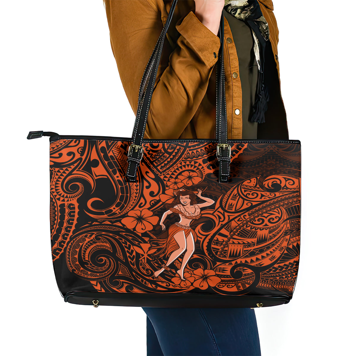 Hawaii Hula Girl Leather Tote Bag Polynesian Pattern Orange Version LT01