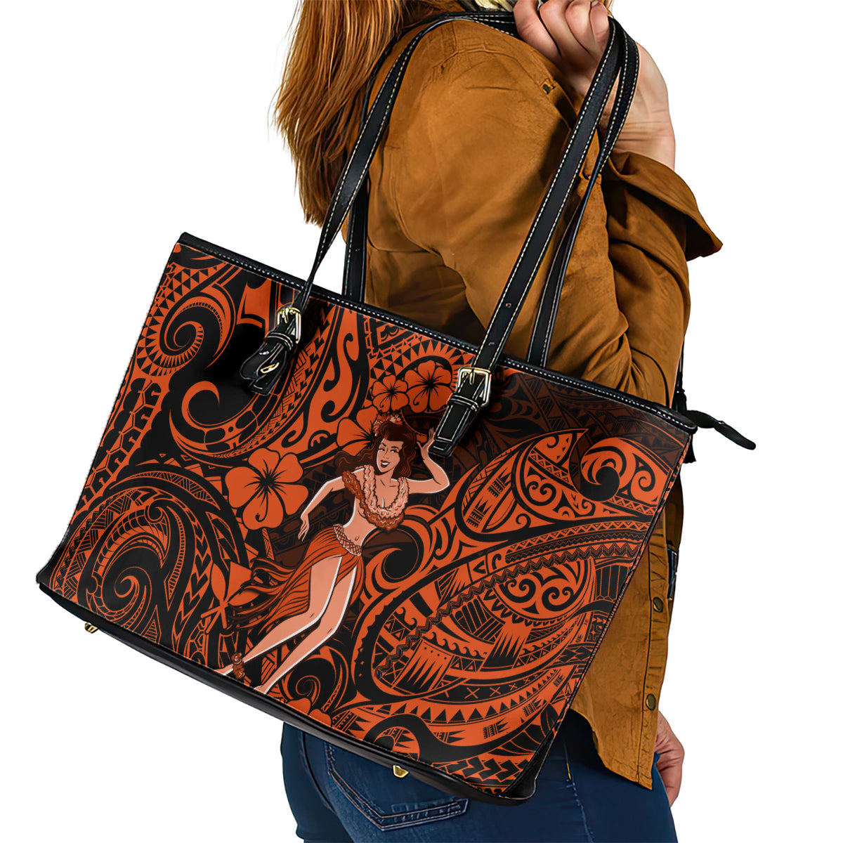 Hawaii Hula Girl Leather Tote Bag Polynesian Pattern Orange Version LT01