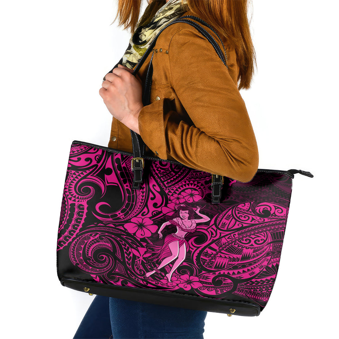 Hawaii Hula Girl Leather Tote Bag Polynesian Pattern Pink Version LT01