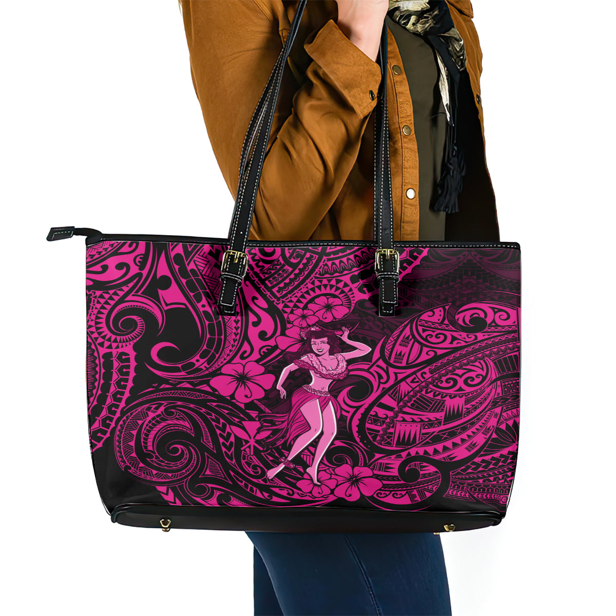 Hawaii Hula Girl Leather Tote Bag Polynesian Pattern Pink Version LT01