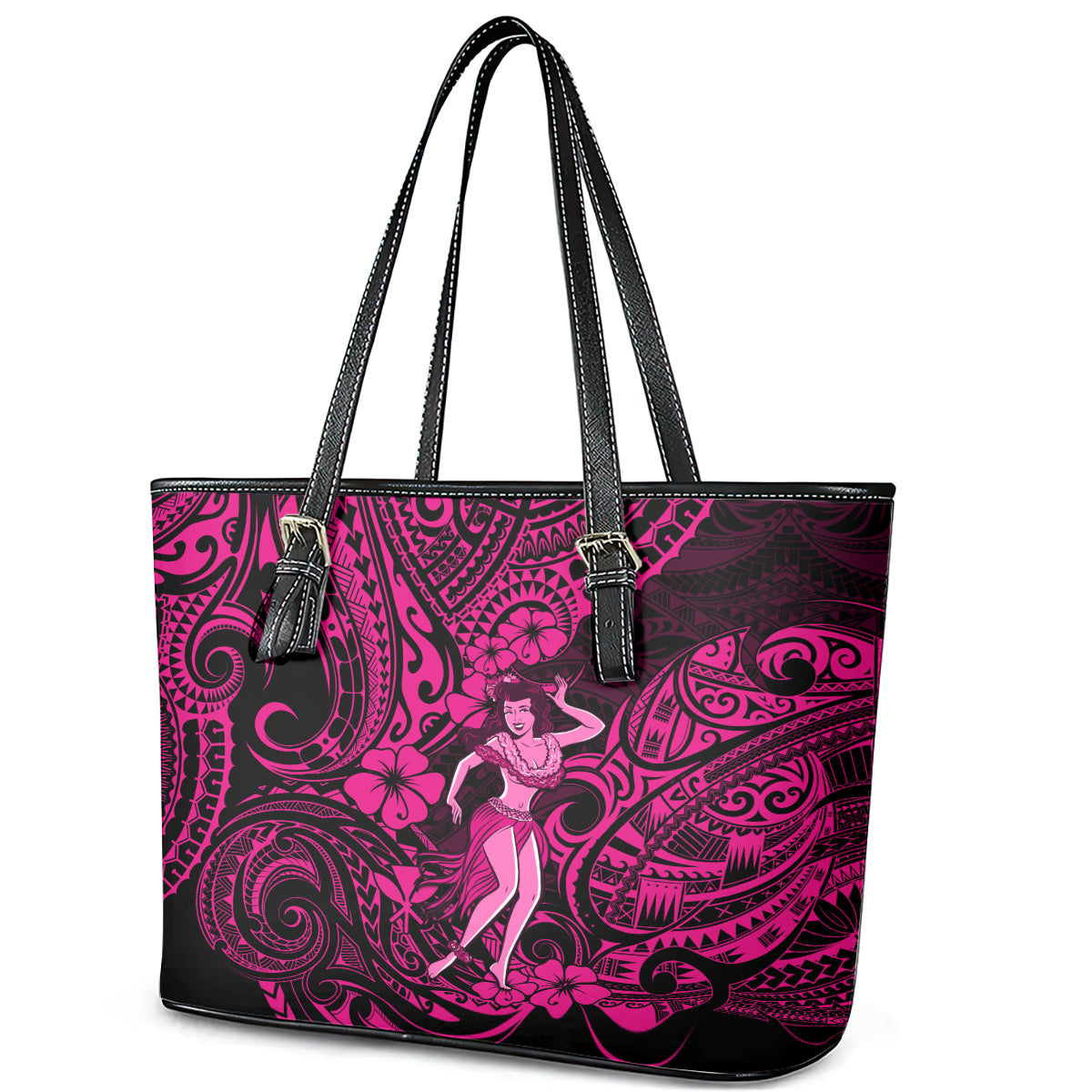 Hawaii Hula Girl Leather Tote Bag Polynesian Pattern Pink Version LT01
