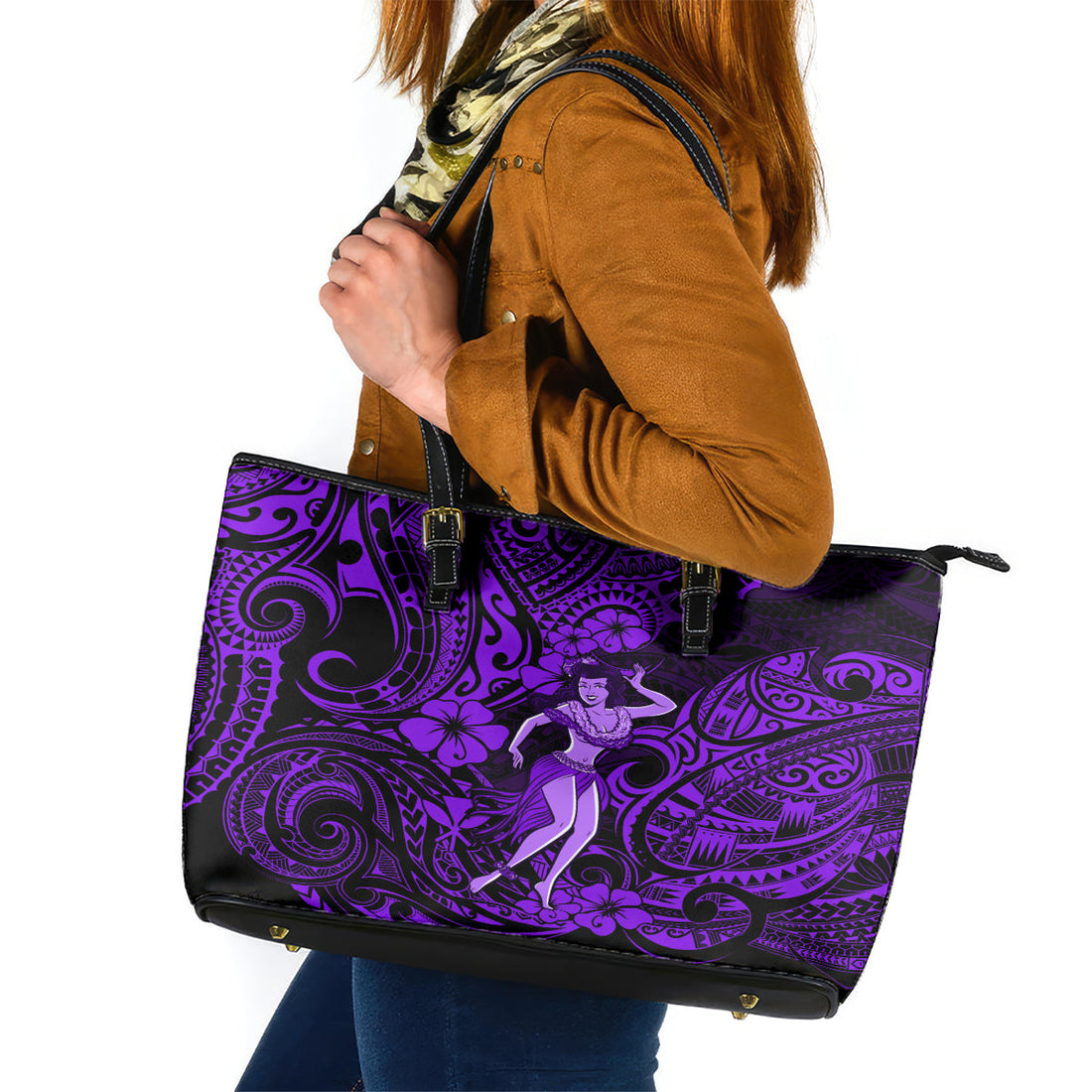 Hawaii Hula Girl Leather Tote Bag Hibiscus Hawaii Tribal Tattoo Purple Version LT01