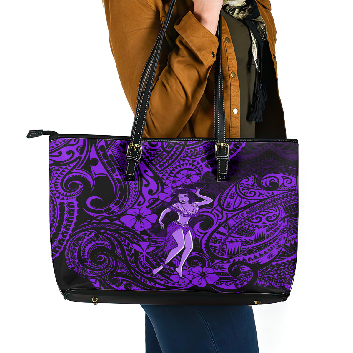 Hawaii Hula Girl Leather Tote Bag Hibiscus Hawaii Tribal Tattoo Purple Version LT01