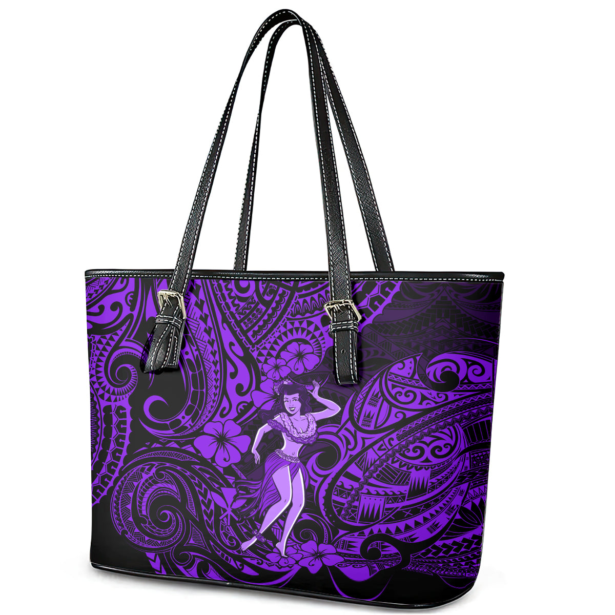 Hawaii Hula Girl Leather Tote Bag Hibiscus Hawaii Tribal Tattoo Purple Version LT01