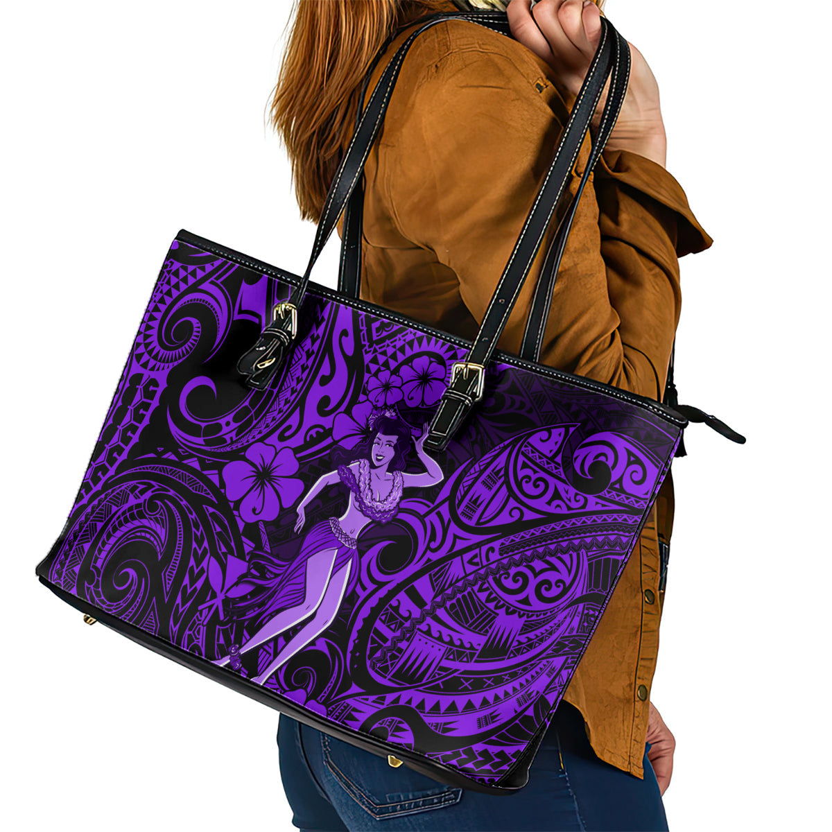 Hawaii Hula Girl Leather Tote Bag Hibiscus Hawaii Tribal Tattoo Purple Version LT01
