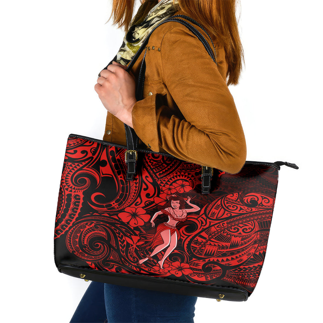 Hawaii Hula Girl Leather Tote Bag Hibiscus Hawaii Tribal Tattoo Red Version LT01