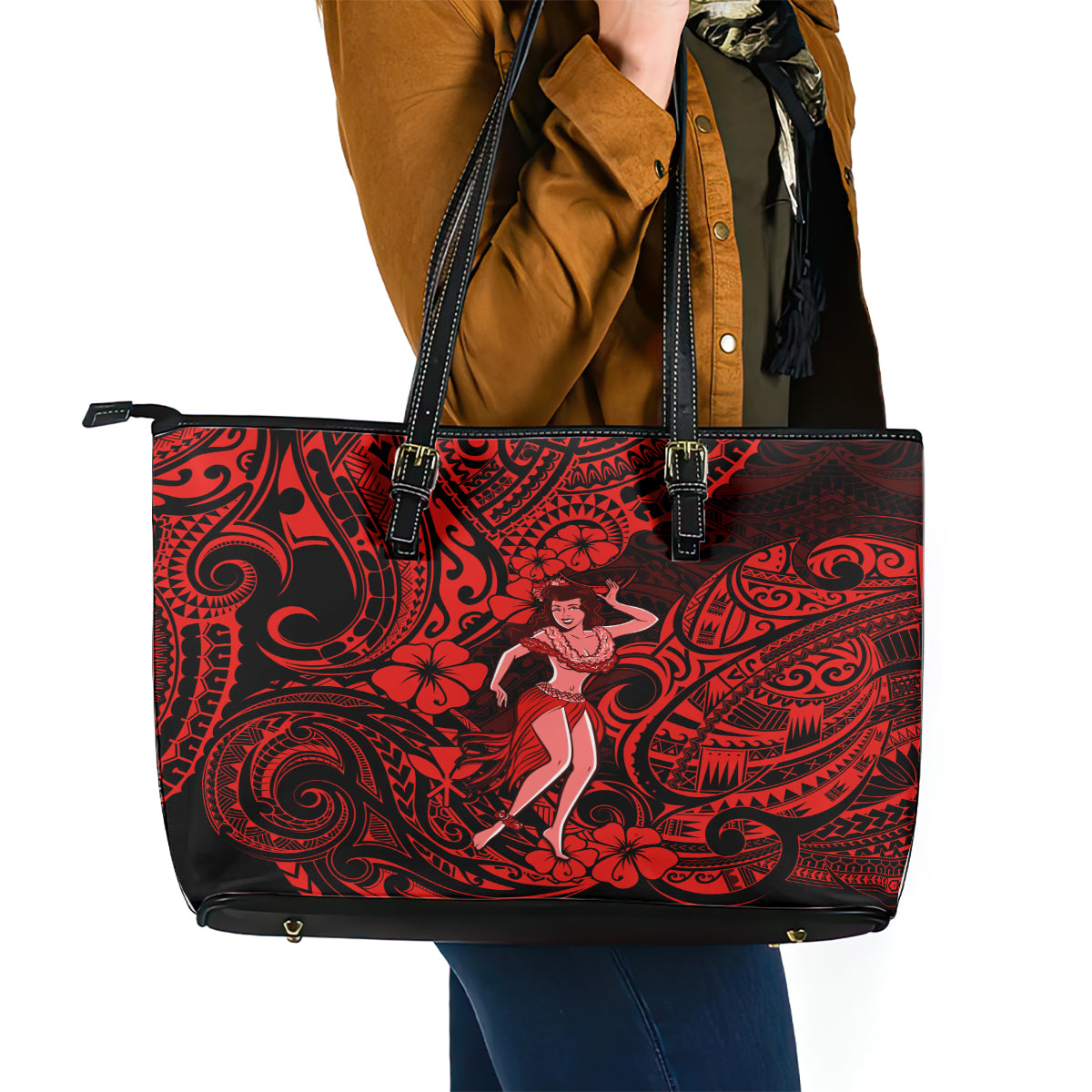 Hawaii Hula Girl Leather Tote Bag Hibiscus Hawaii Tribal Tattoo Red Version LT01