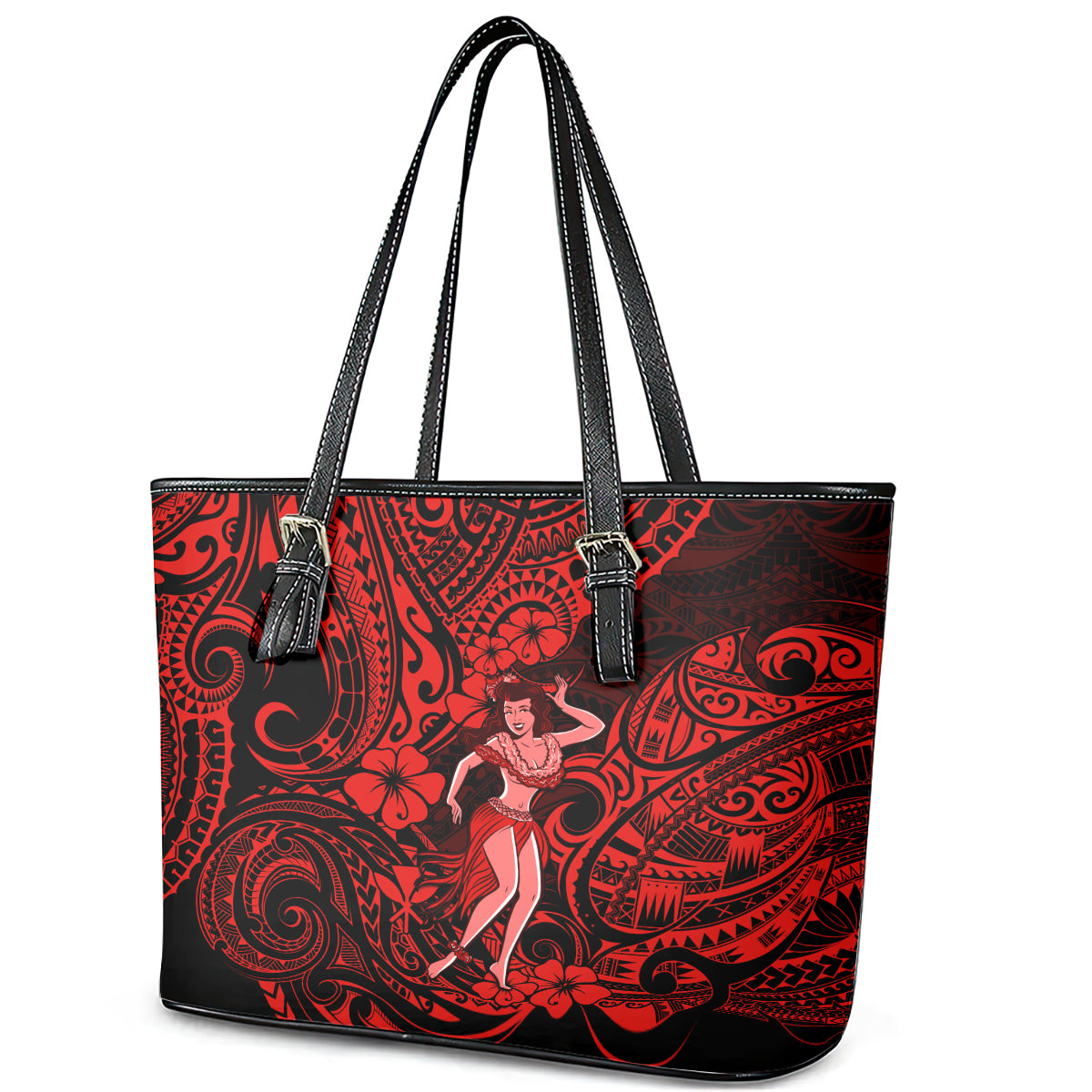 Hawaii Hula Girl Leather Tote Bag Hibiscus Hawaii Tribal Tattoo Red Version LT01