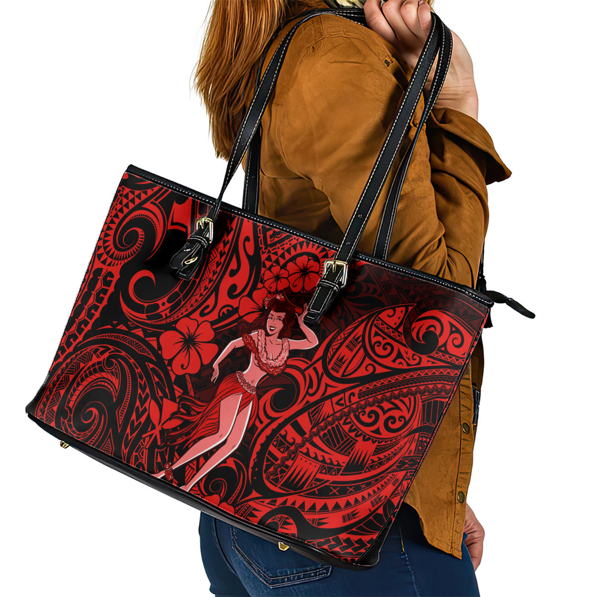 Hawaii Hula Girl Leather Tote Bag Hibiscus Hawaii Tribal Tattoo Red Version LT01