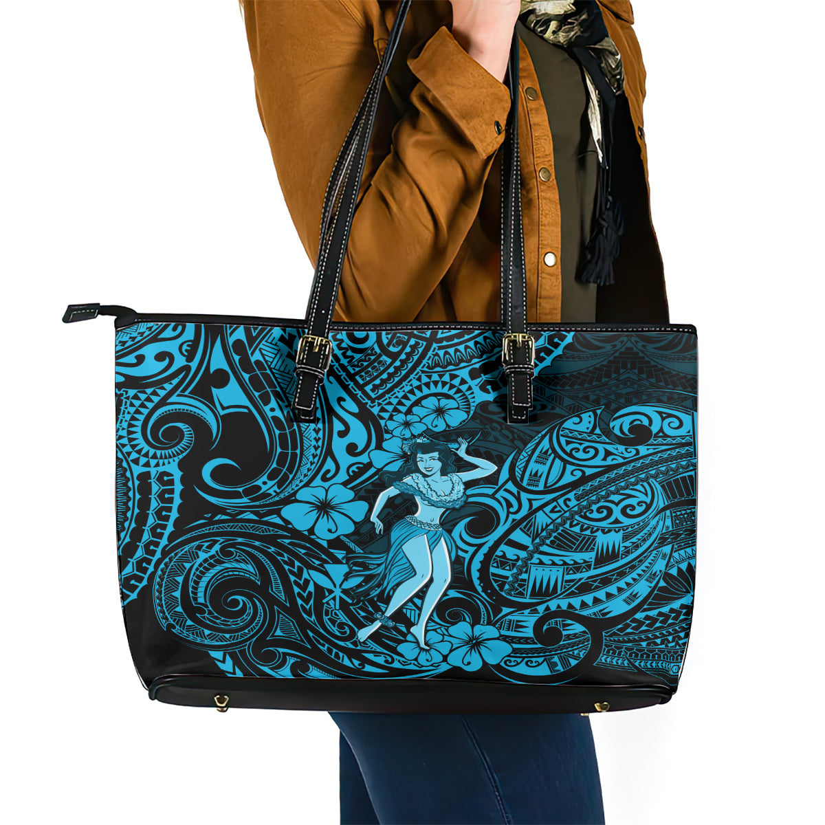 Hawaii Hula Girl Leather Tote Bag Hibiscus Hawaii Tribal Tattoo Sky Blue Version LT01