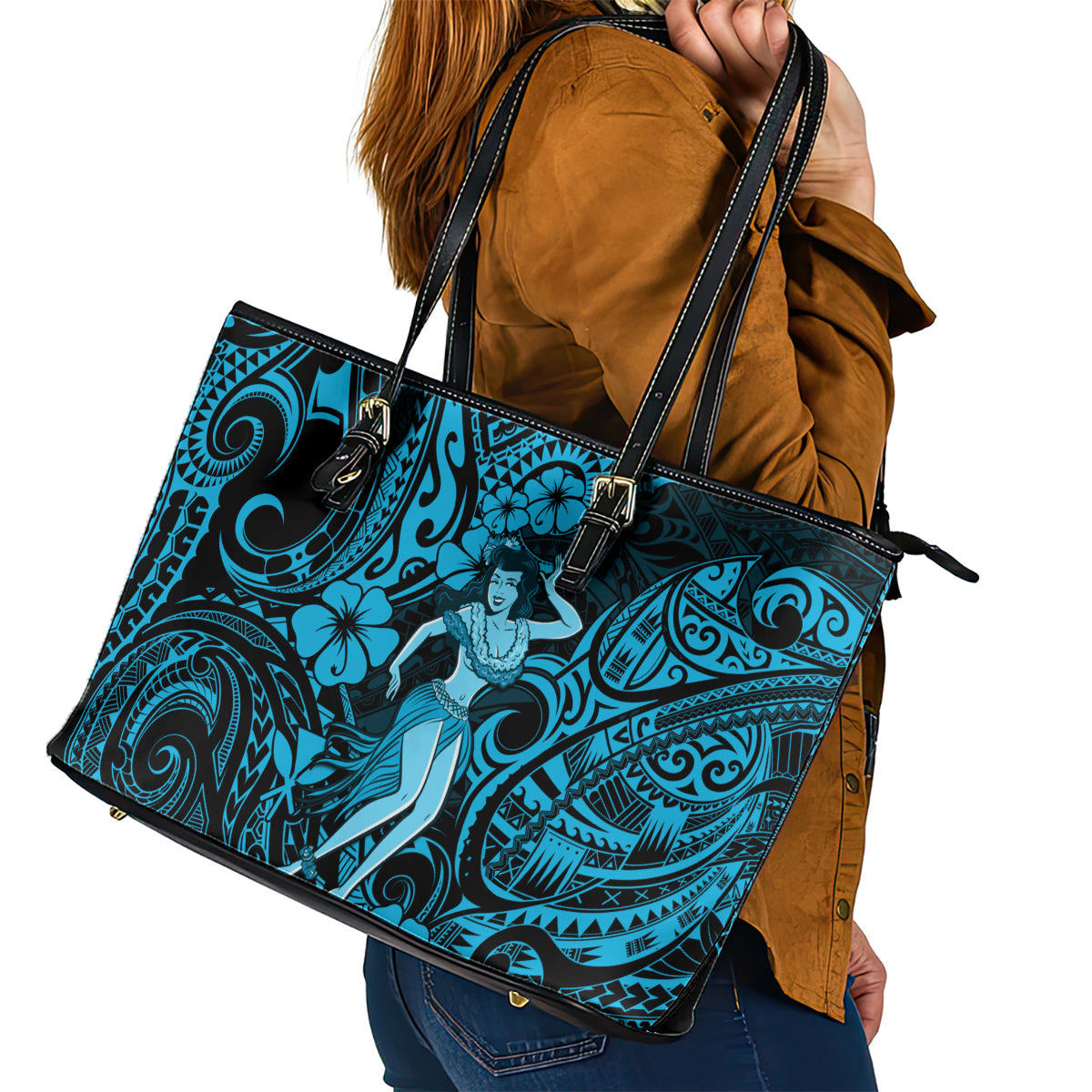 Hawaii Hula Girl Leather Tote Bag Hibiscus Hawaii Tribal Tattoo Sky Blue Version LT01