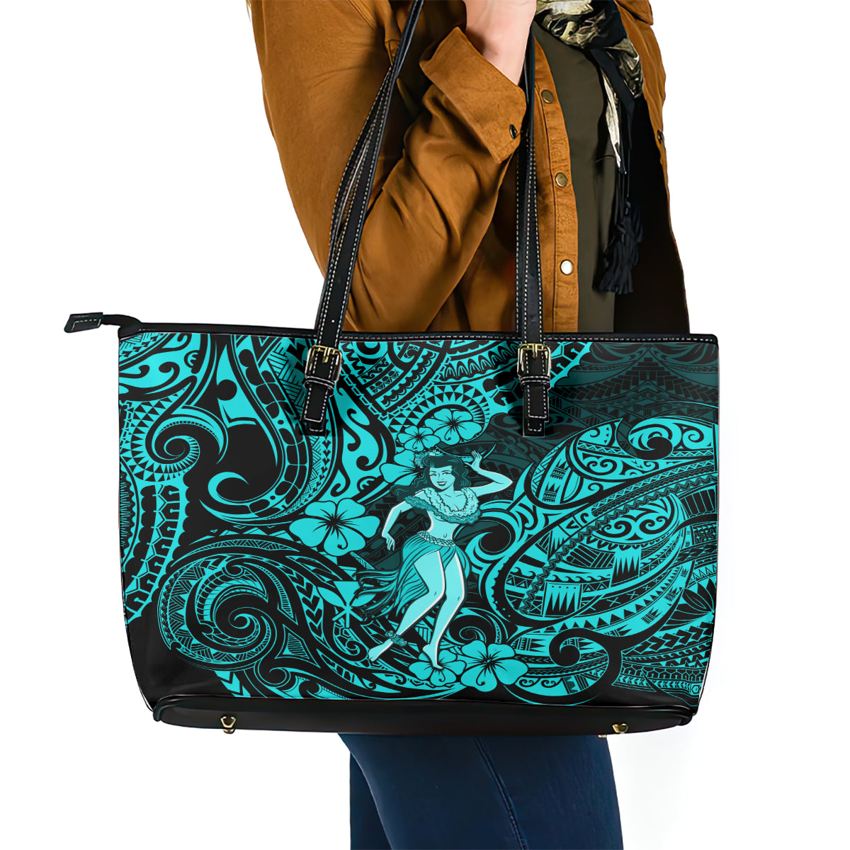 Hawaii Hula Girl Leather Tote Bag Hibiscus Hawaii Tribal Tattoo Turquoise Version LT01