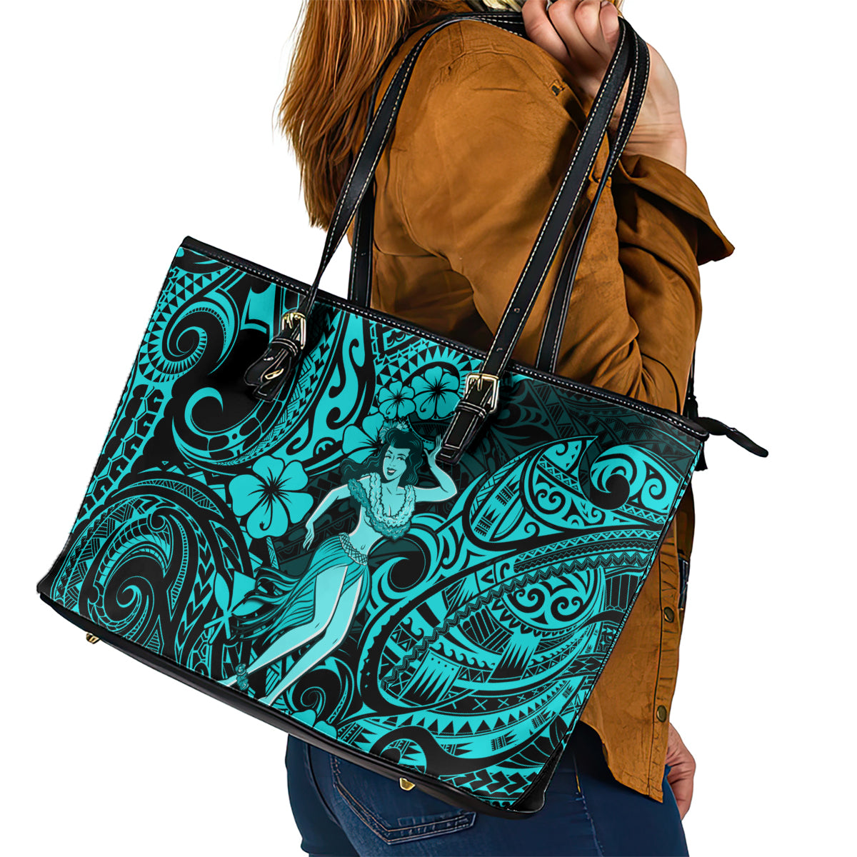Hawaii Hula Girl Leather Tote Bag Hibiscus Hawaii Tribal Tattoo Turquoise Version LT01