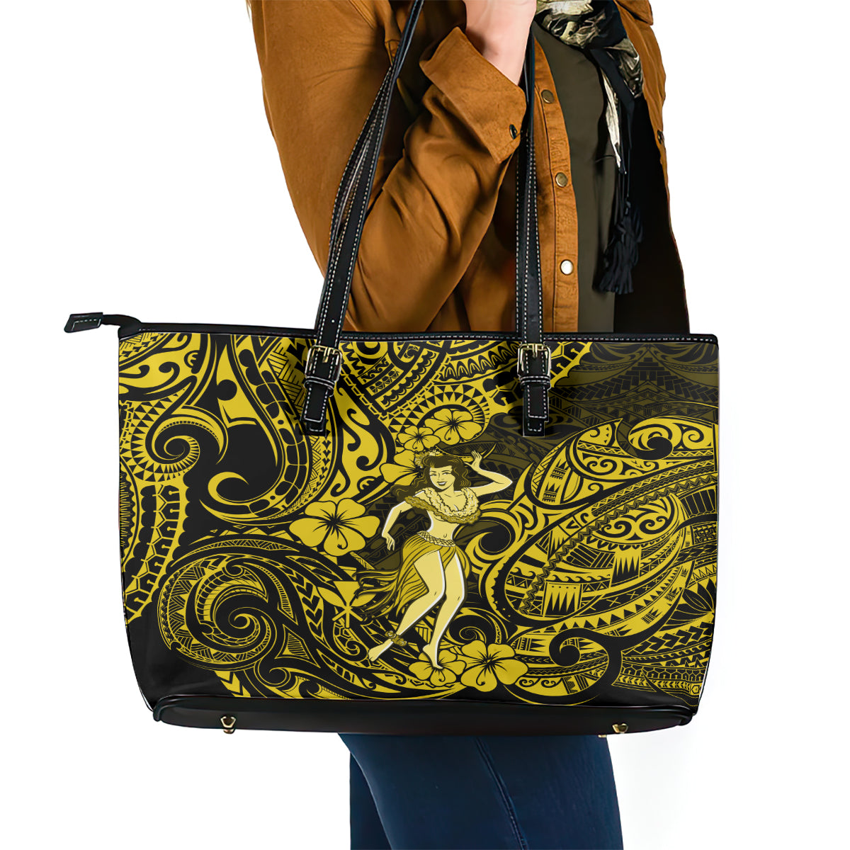 Hawaii Hula Girl Leather Tote Bag Hibiscus Hawaii Tribal Tattoo Yellow Version LT01