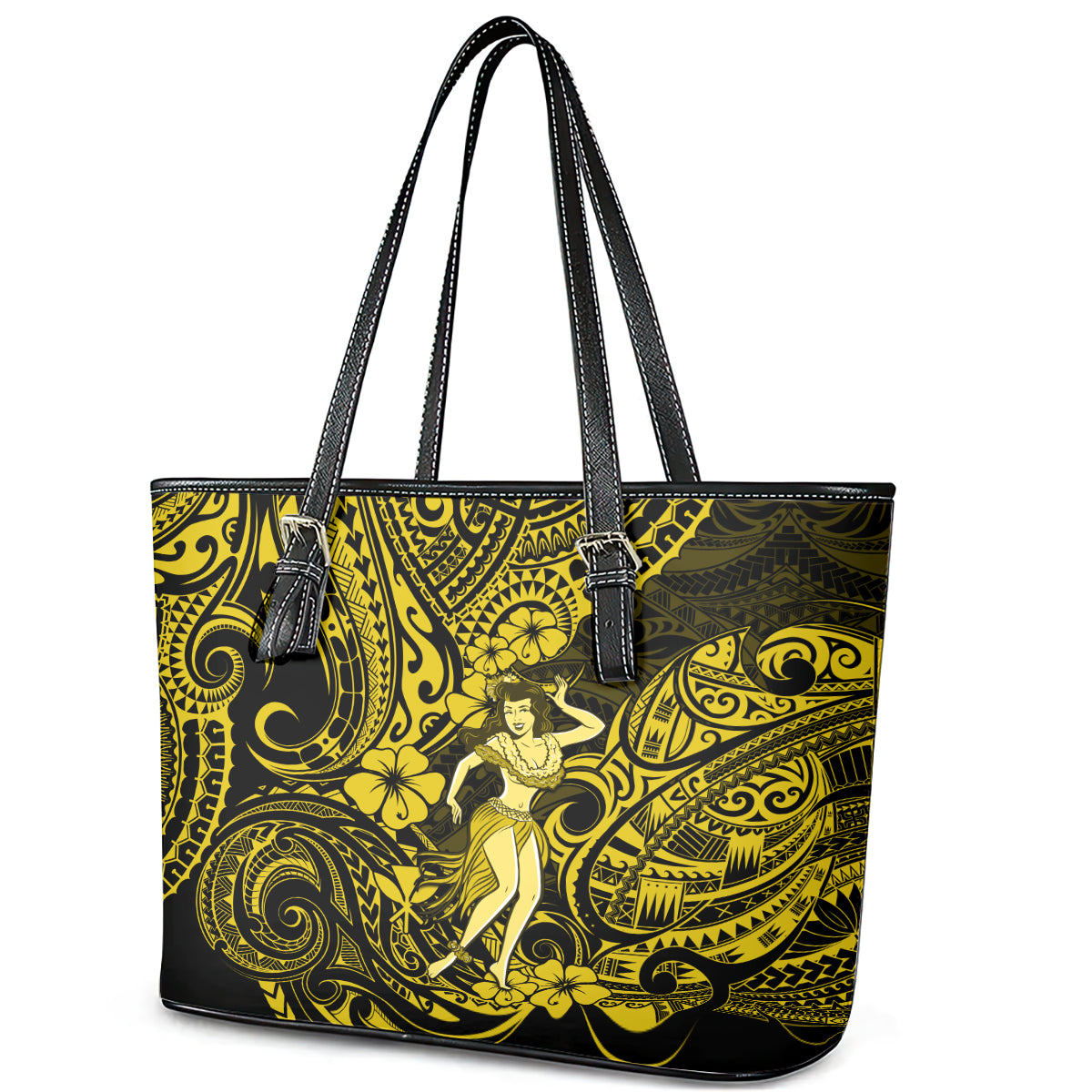 Hawaii Hula Girl Leather Tote Bag Hibiscus Hawaii Tribal Tattoo Yellow Version LT01
