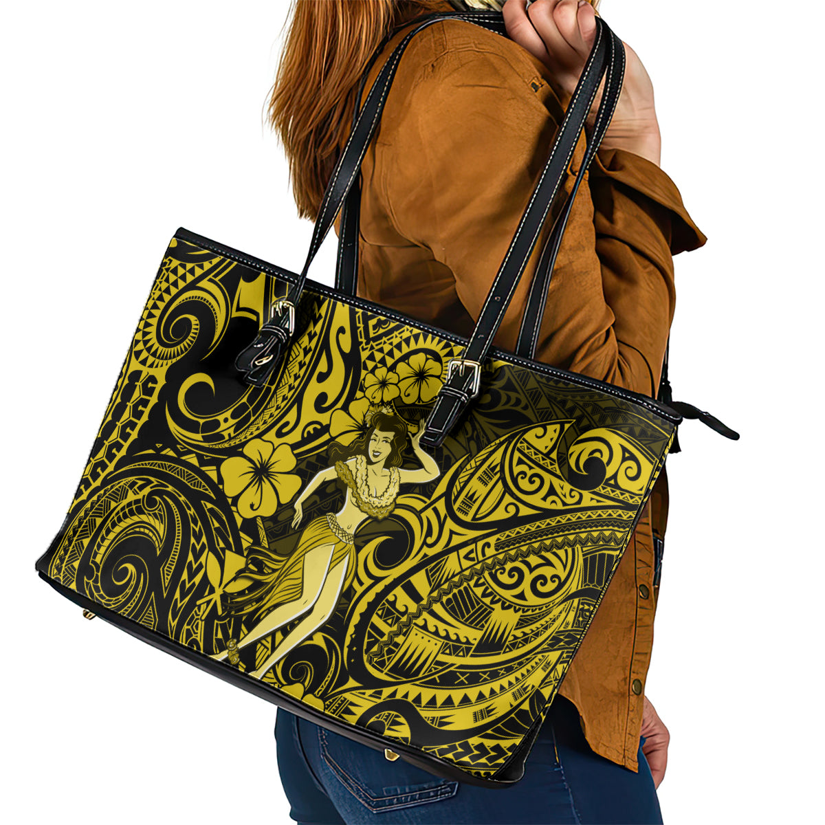 Hawaii Hula Girl Leather Tote Bag Hibiscus Hawaii Tribal Tattoo Yellow Version LT01
