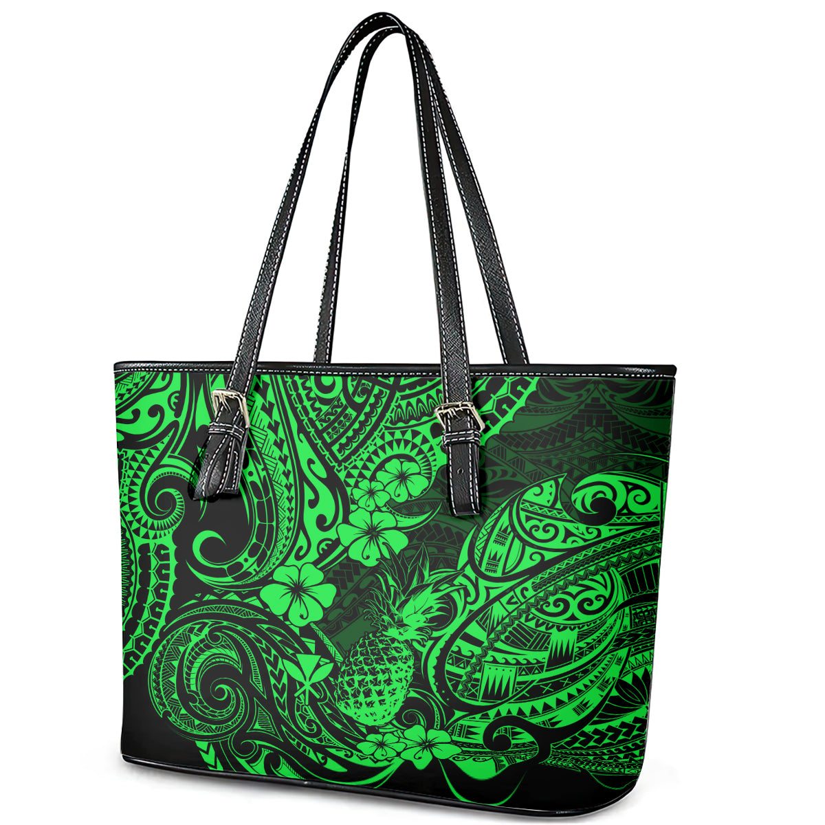 Hawaii Pineapple Leather Tote Bag Paradise Flowers Pacific With Green Polynesian Tribal LT01