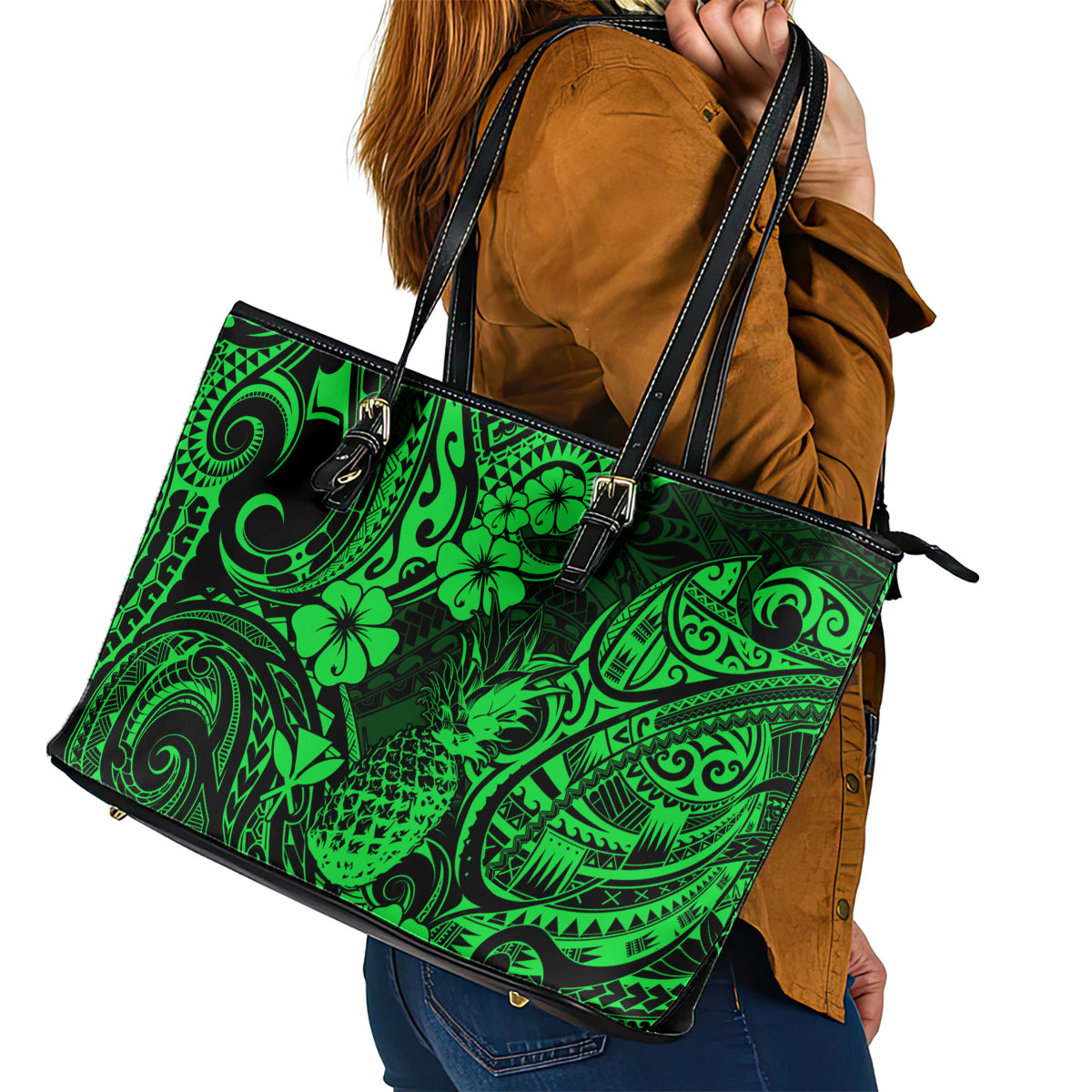 Hawaii Pineapple Leather Tote Bag Paradise Flowers Pacific With Green Polynesian Tribal LT01