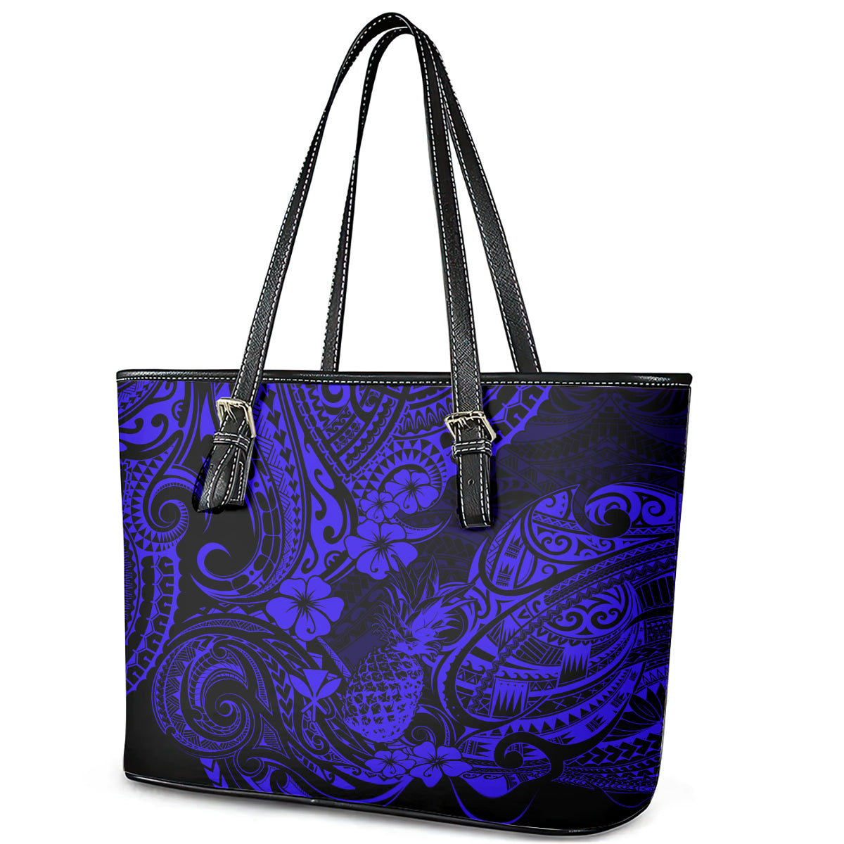 Hawaii Pineapple Leather Tote Bag Paradise Flowers Pacific With Navy Blue Polynesian Tribal LT01