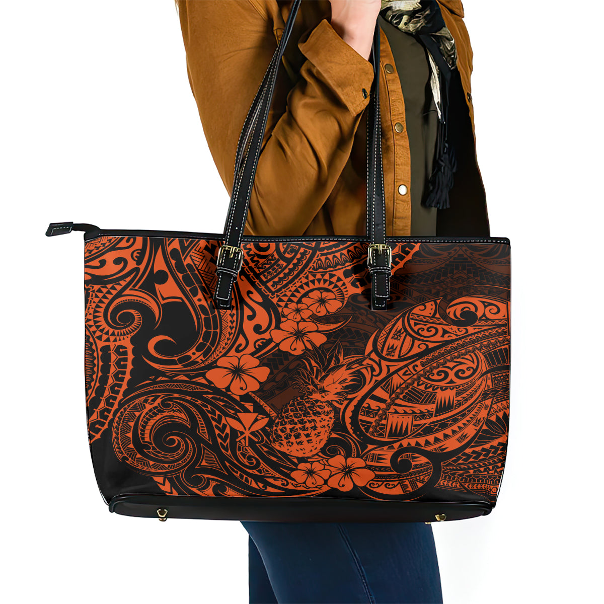 Hawaii Pineapple Leather Tote Bag Paradise Flowers Pacific With Orange Polynesian Tribal LT01