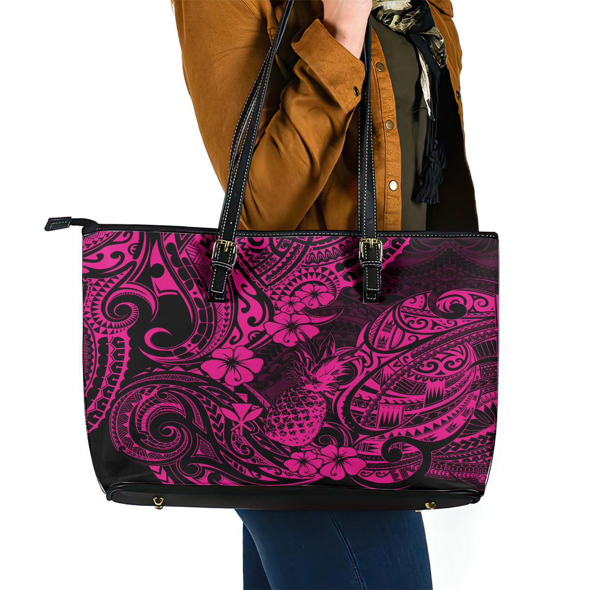 Hawaii Pineapple Leather Tote Bag Paradise Flowers Pacific With Pink Polynesian Tribal LT01