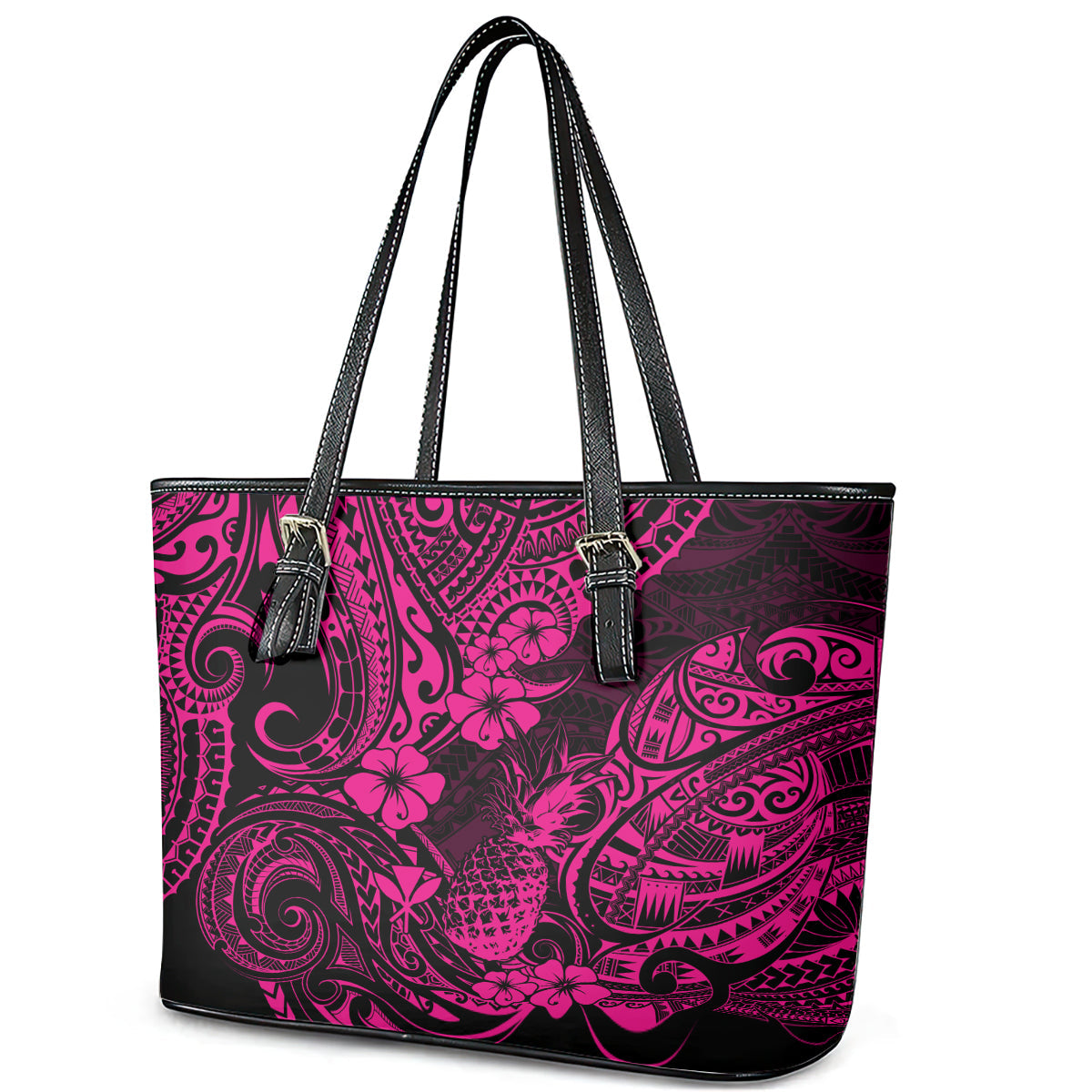 Hawaii Pineapple Leather Tote Bag Paradise Flowers Pacific With Pink Polynesian Tribal LT01