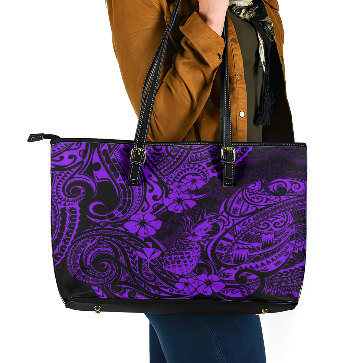 Hawaii Pineapple Leather Tote Bag Polynesian Pattern Purple Version LT01
