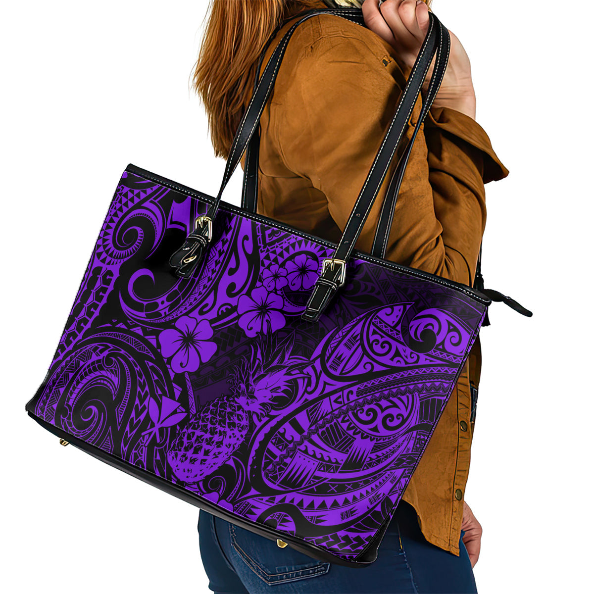 Hawaii Pineapple Leather Tote Bag Polynesian Pattern Purple Version LT01