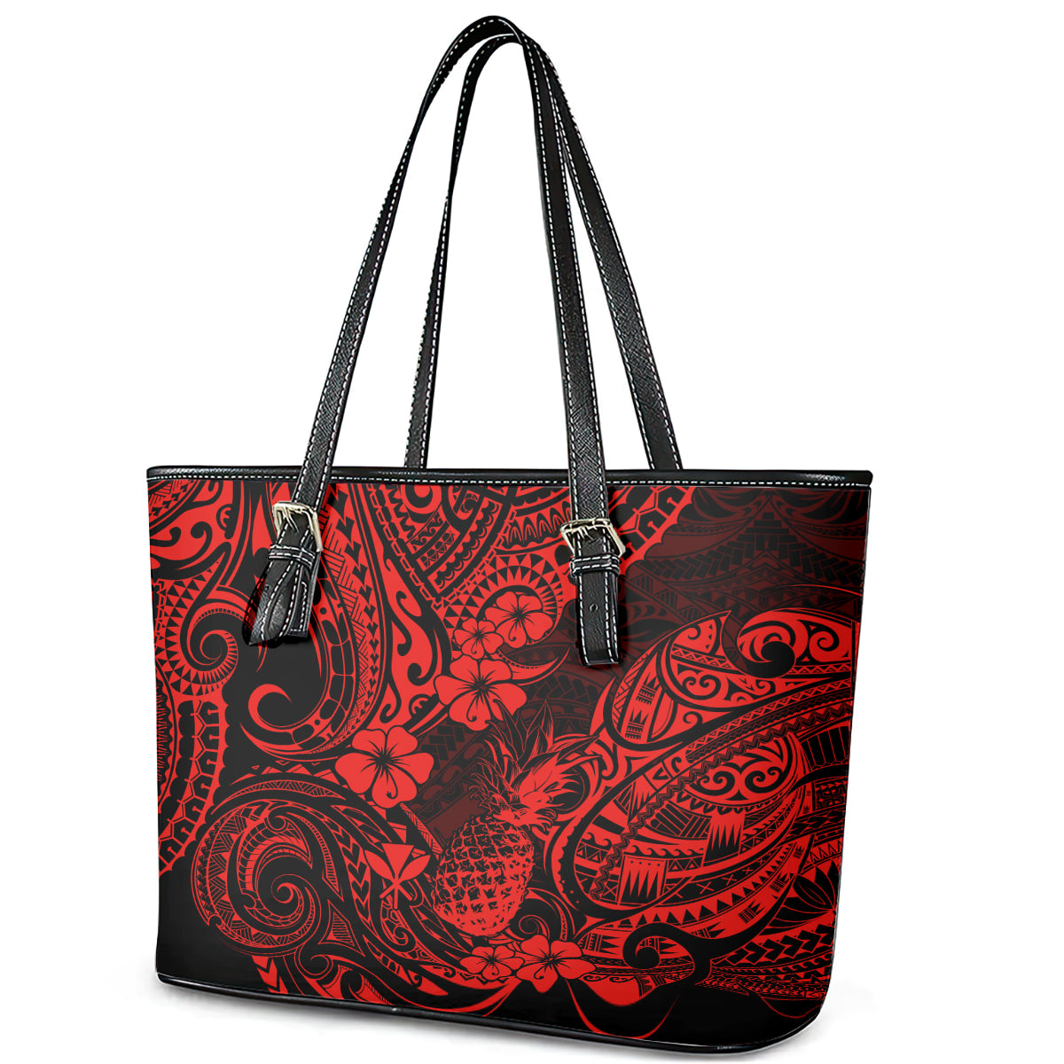 Hawaii Pineapple Leather Tote Bag Polynesian Pattern Red Version LT01
