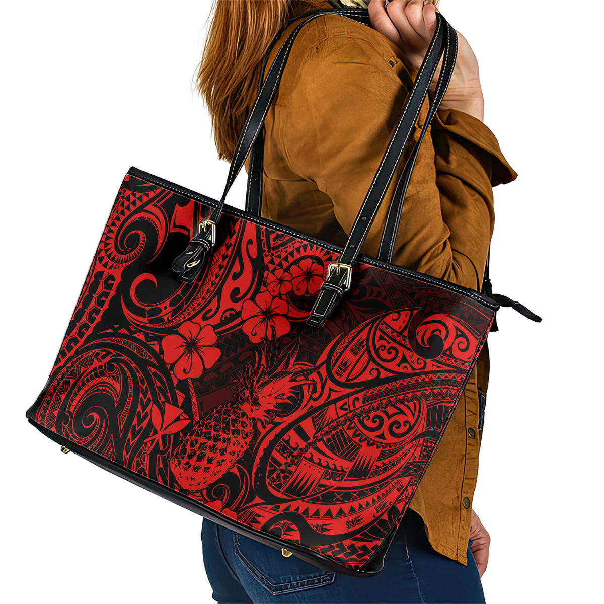 Hawaii Pineapple Leather Tote Bag Polynesian Pattern Red Version LT01