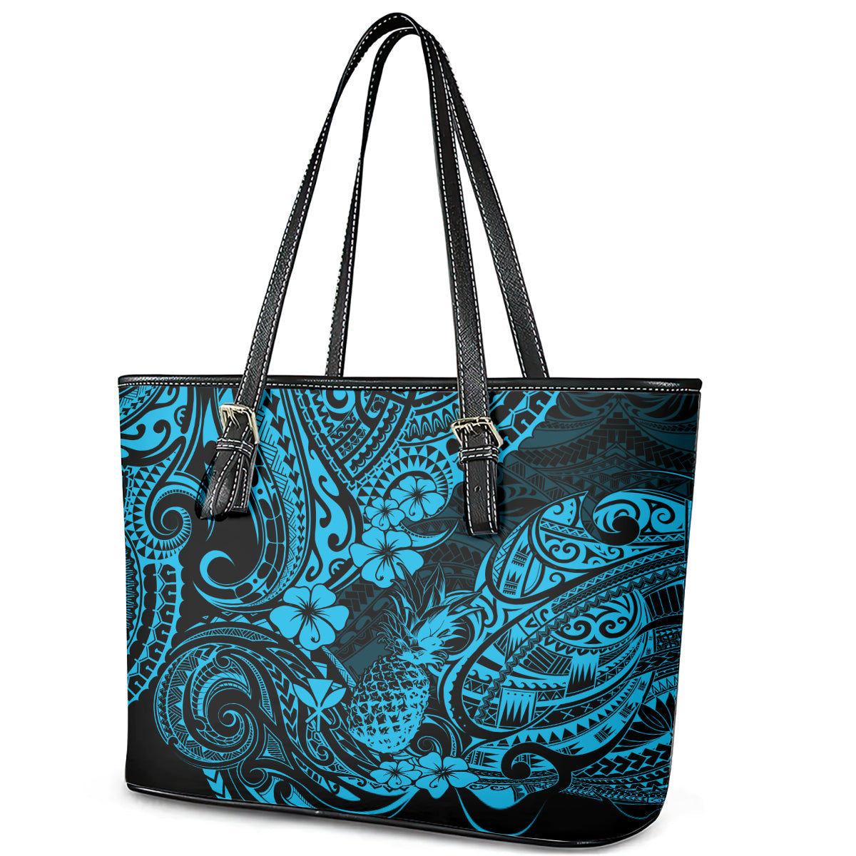 Hawaii Pineapple Leather Tote Bag Polynesian Pattern Sky Blue Version LT01
