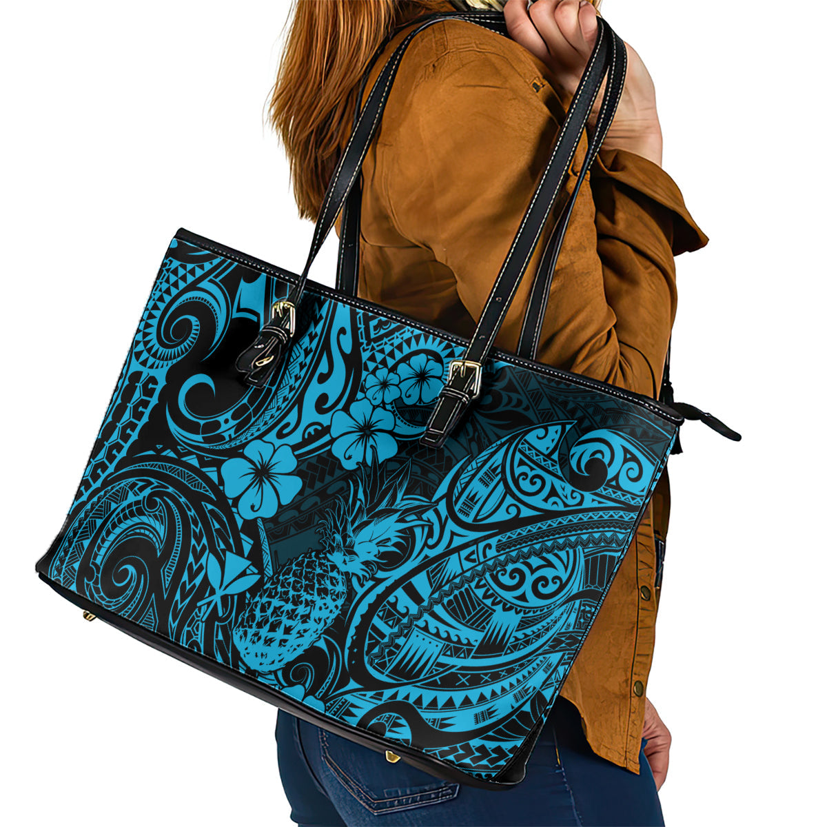 Hawaii Pineapple Leather Tote Bag Polynesian Pattern Sky Blue Version LT01