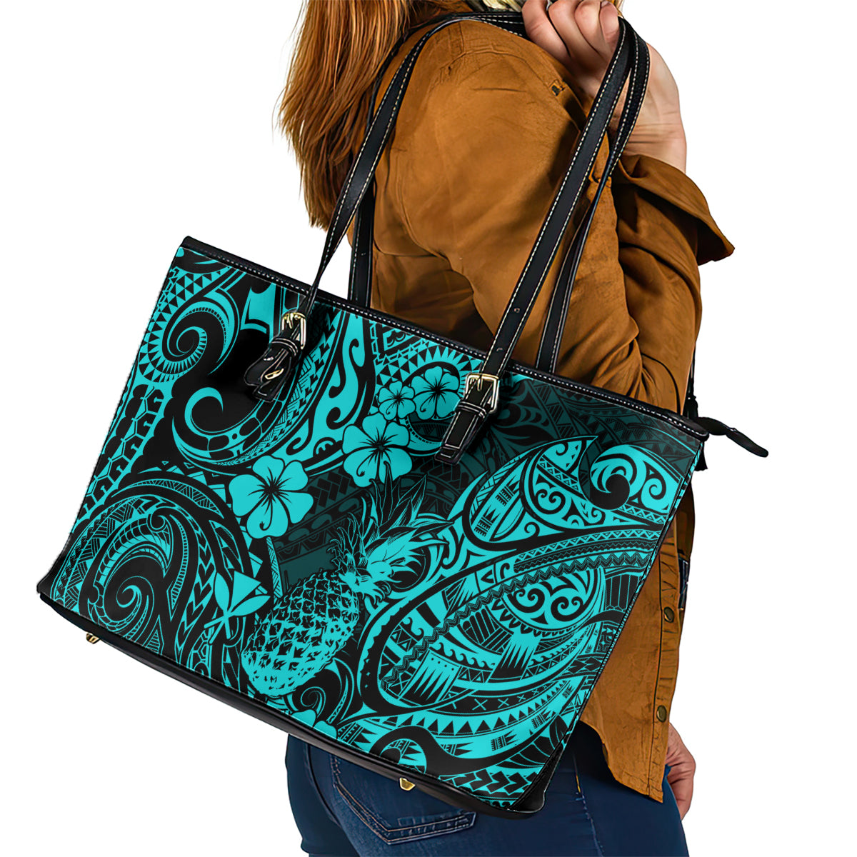 Hawaii Pineapple Leather Tote Bag Polynesian Pattern Turquoise Version LT01