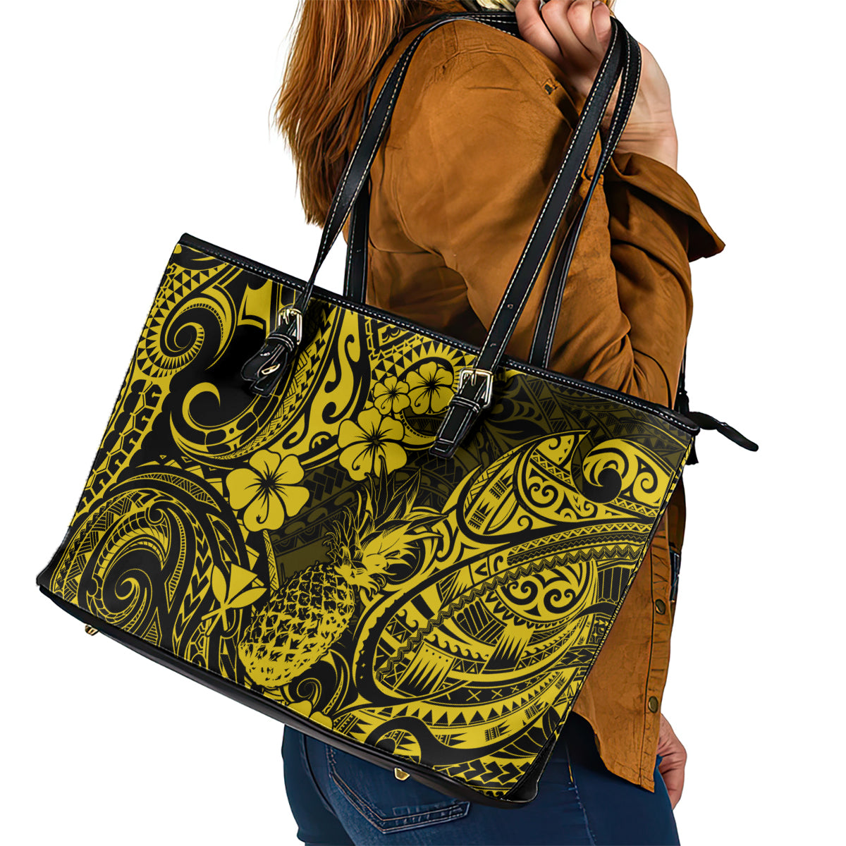 Hawaii Pineapple Leather Tote Bag Polynesian Pattern Yellow Version LT01