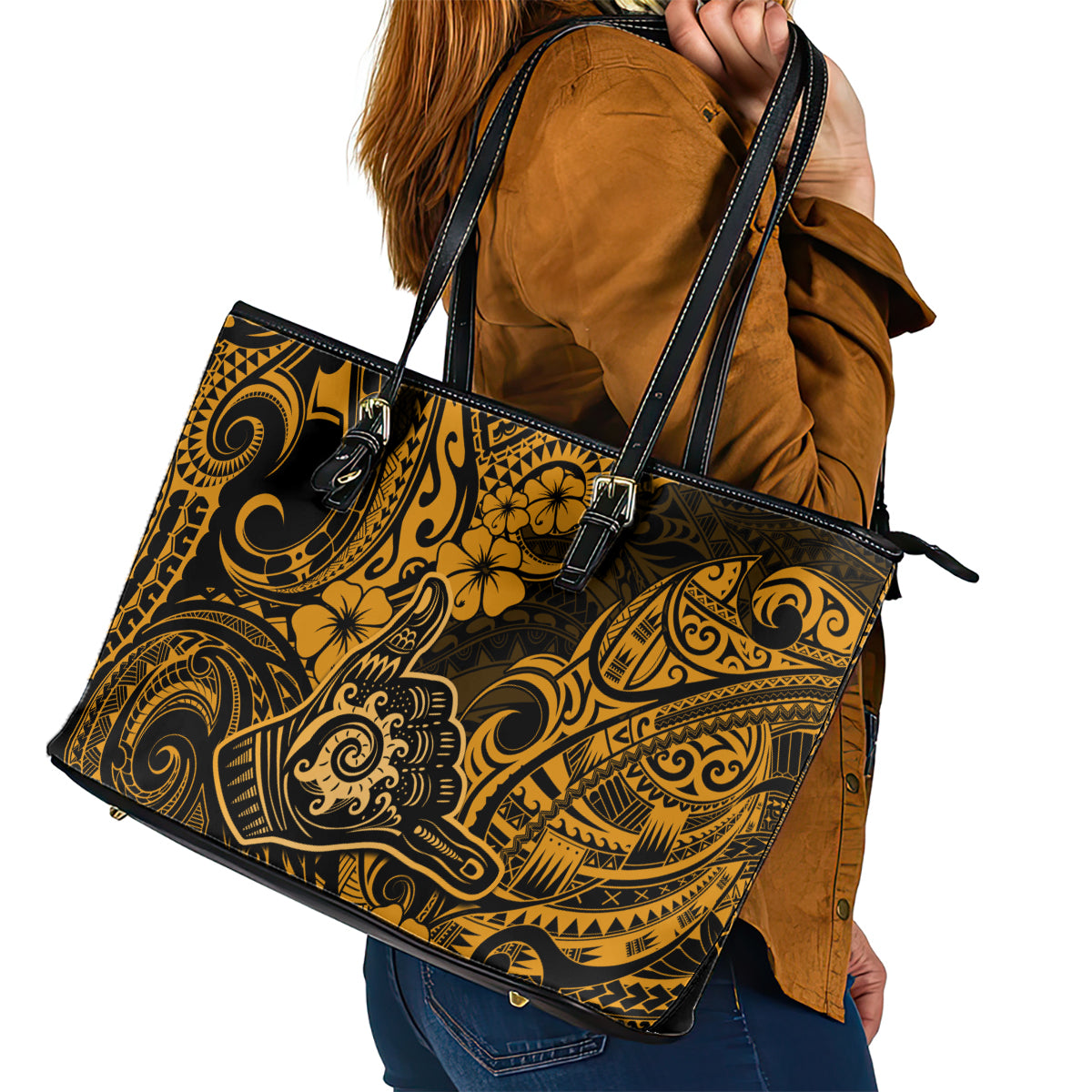 Hawaii Shaka Sign Leather Tote Bag With Polynesian Hibiscus Gold Unique LT01