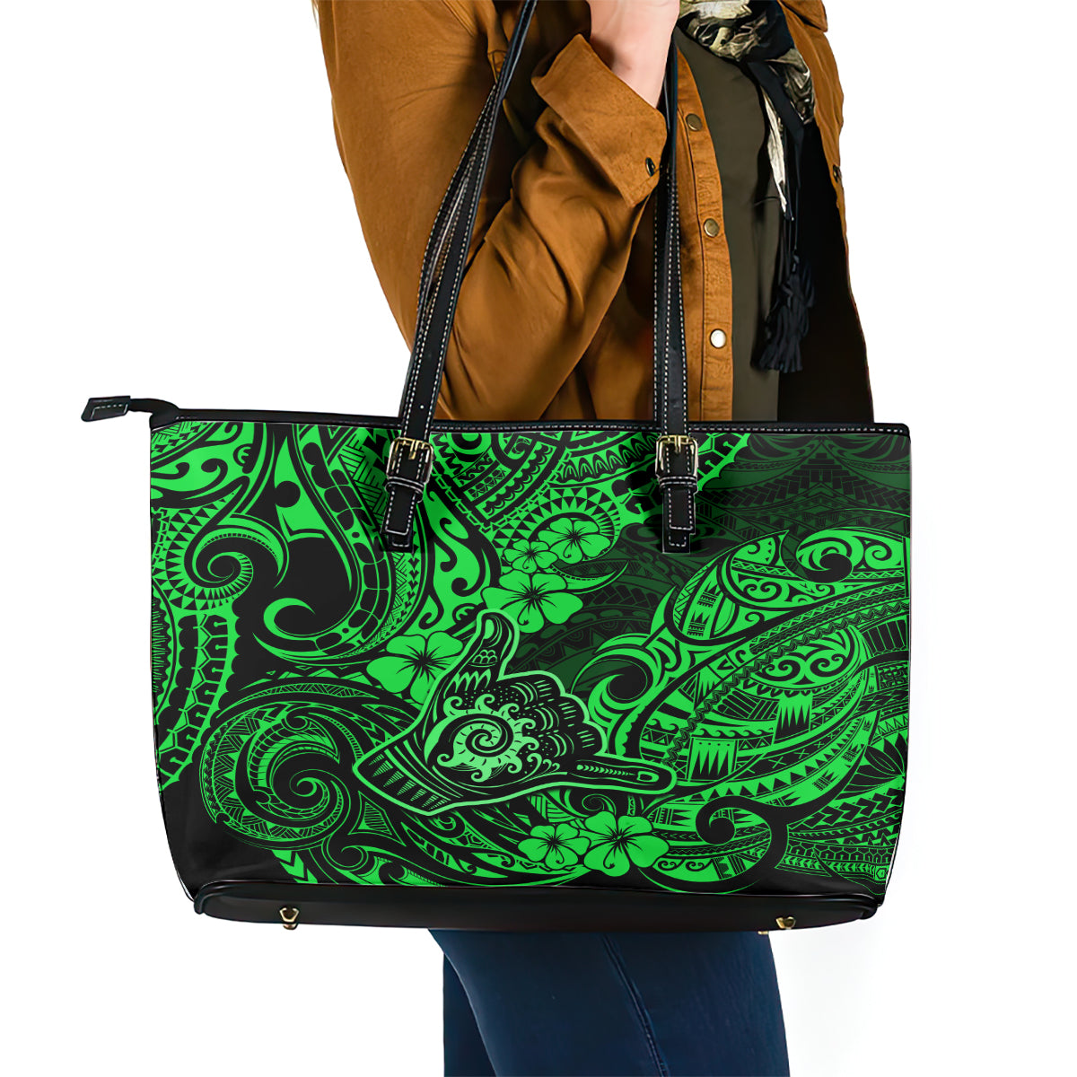 Hawaii Shaka Sign Leather Tote Bag With Polynesian Hibiscus Green Unique LT01