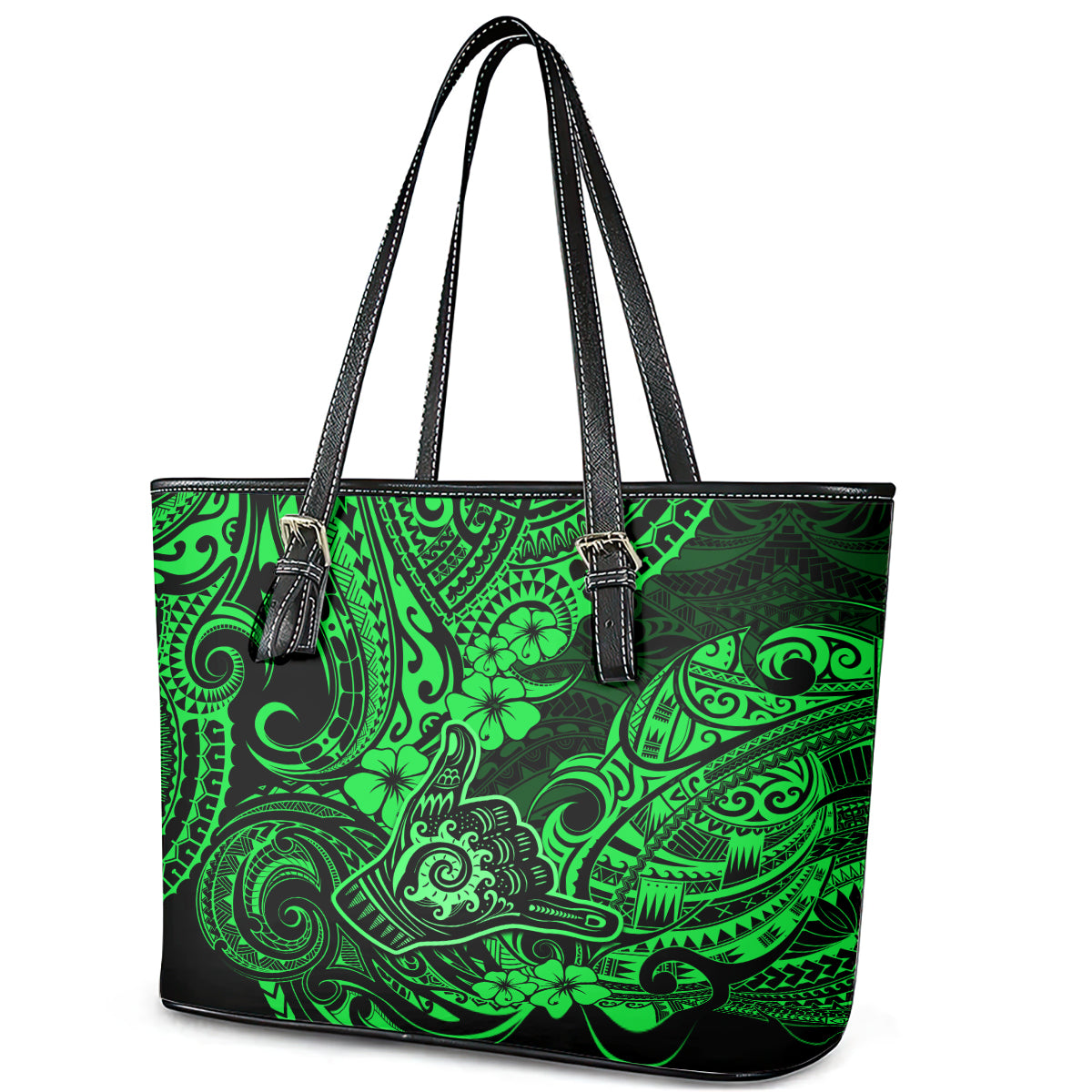 Hawaii Shaka Sign Leather Tote Bag With Polynesian Hibiscus Green Unique LT01