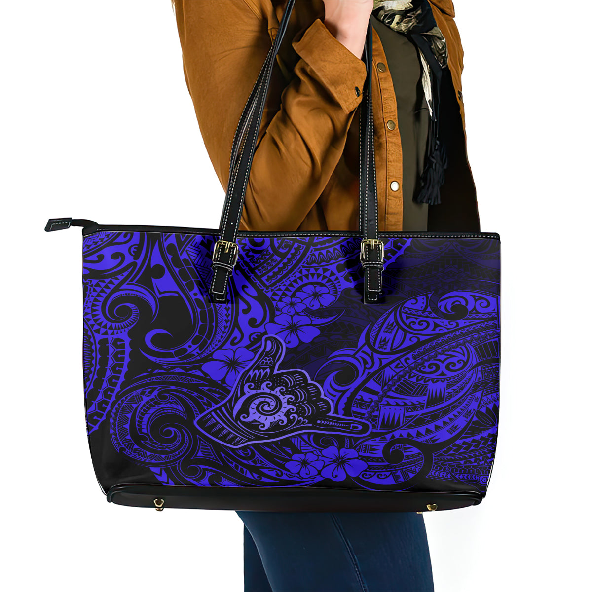 Hawaii Shaka Sign Leather Tote Bag With Polynesian Hibiscus Navy Blue Unique LT01